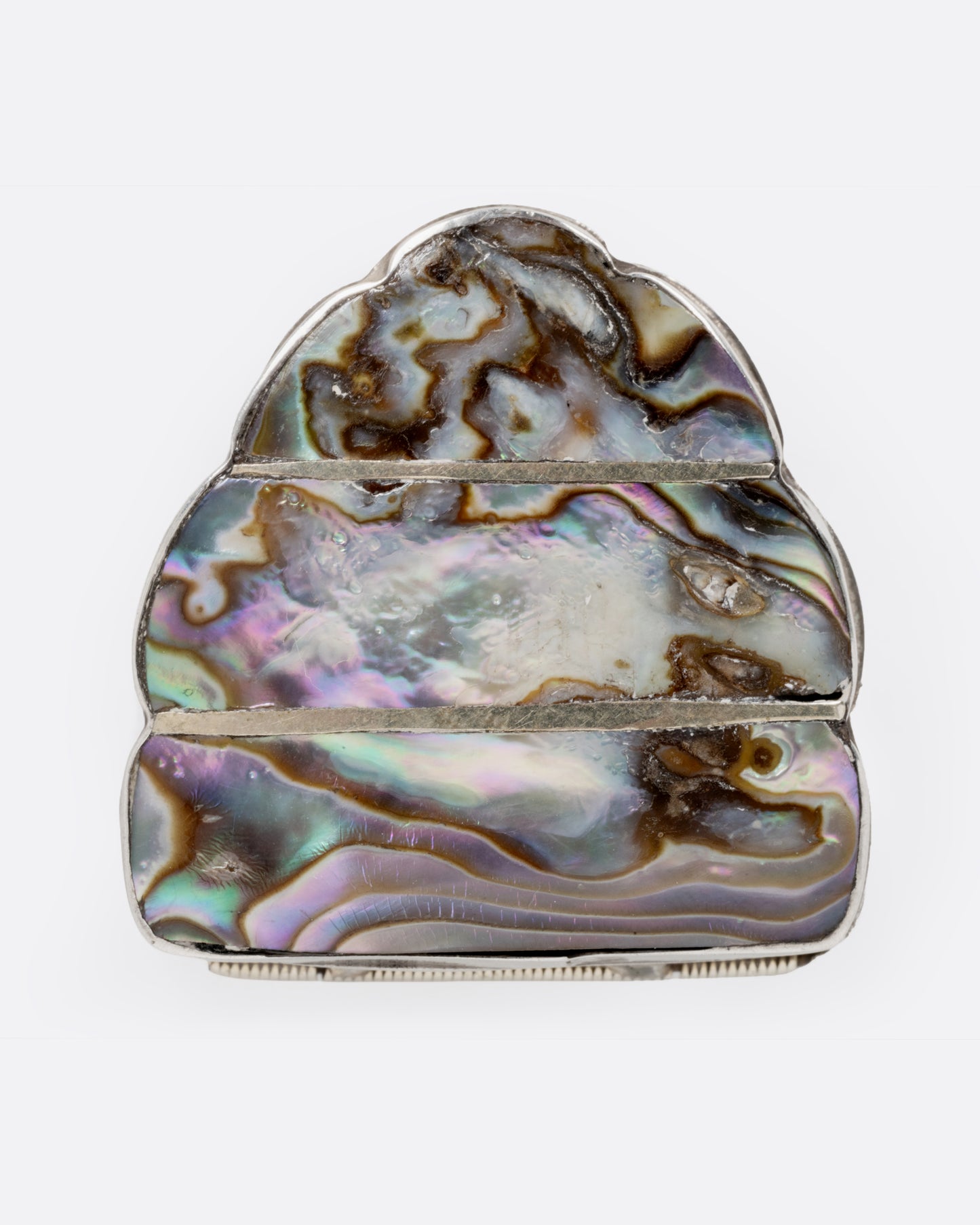 A Mexican silver and abalone box, shown from the top.