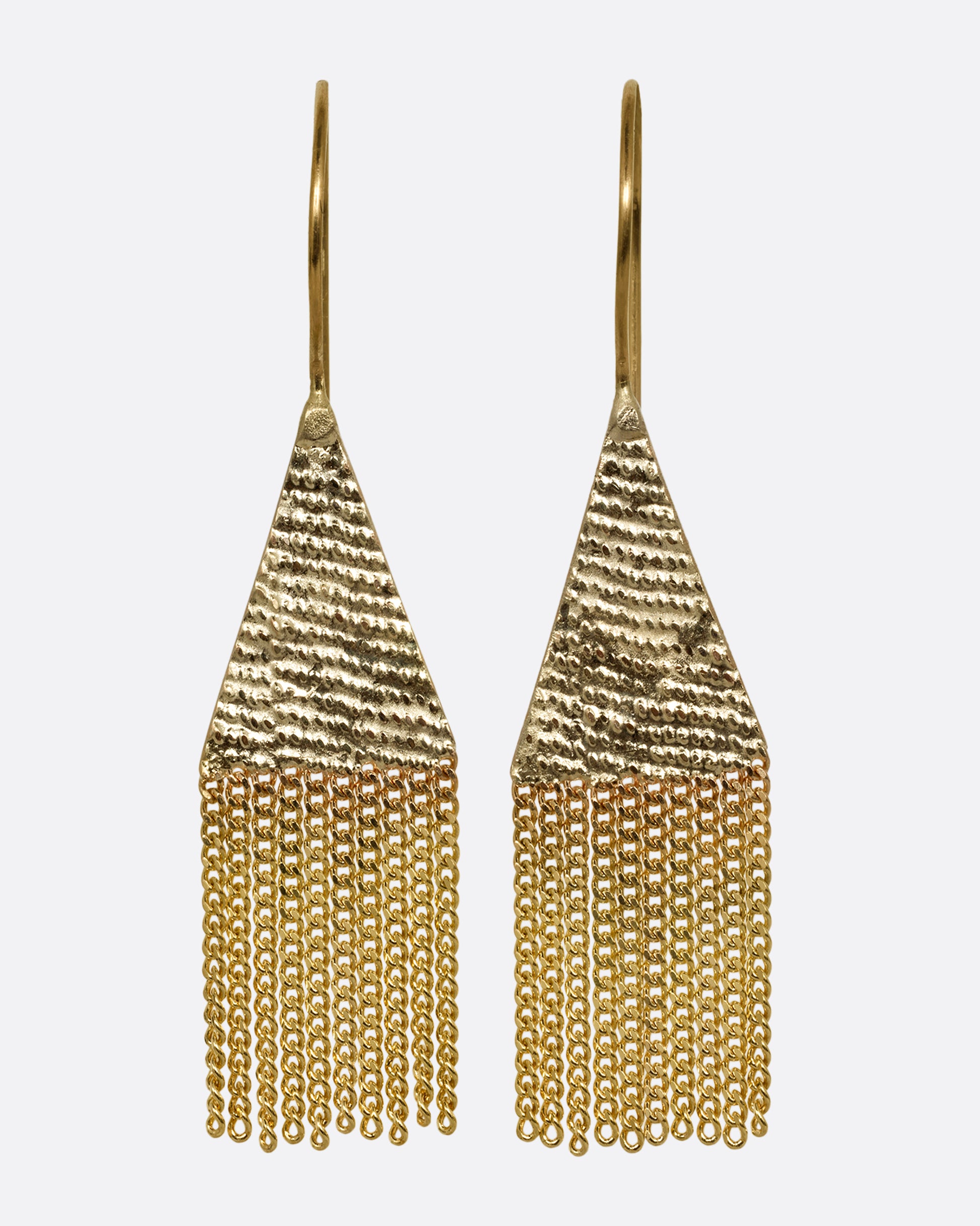 A pair of yellow gold drop earrings with diamond shaped tops and cable chain fringe bottoms. Shown from the front.
