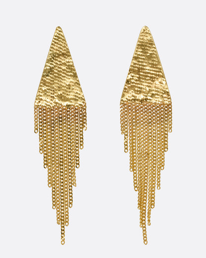 A pair of yellow gold earrings with triangular tops and cable chain fringe bottoms. Shown from the front.