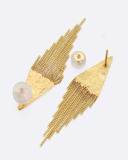 A pair of yellow gold earrings with triangular tops and cable chain fringe bottoms. Shown from the back with one earring open.