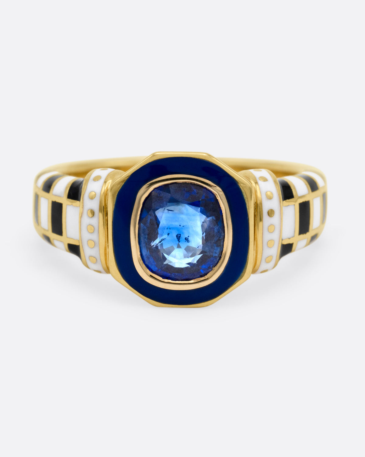 Sapphire and Enamel Checkered Signet Ring