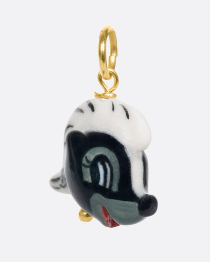 OKS glazed porcelain skunk charm of Flower, a black and white cartoon skunk head on a gold jump ring