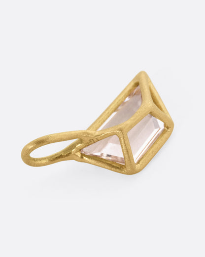 Yellow gold goshenite pendant charm, angled view of the frame