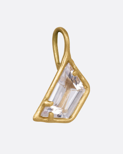 Yellow gold goshenite pendant charm, side view of the frame and bail