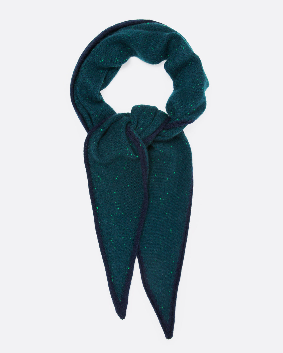 A dark teal green ribbed knit scarf with tiny bright green flecks, and a navy striped border, shown tied from the front.