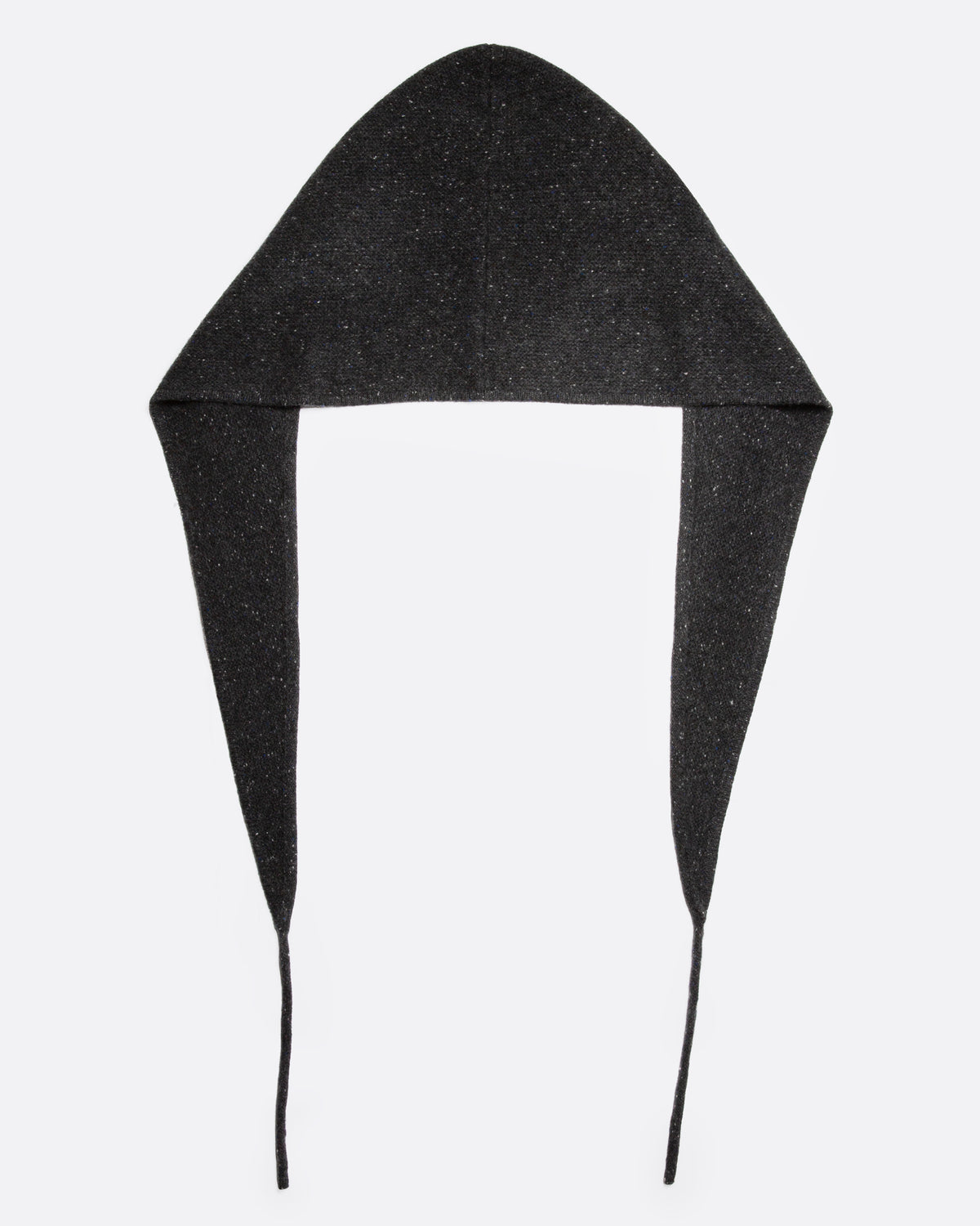 A donegal flecked charcoal hooded scarf with elongated sides, shown open from the back.