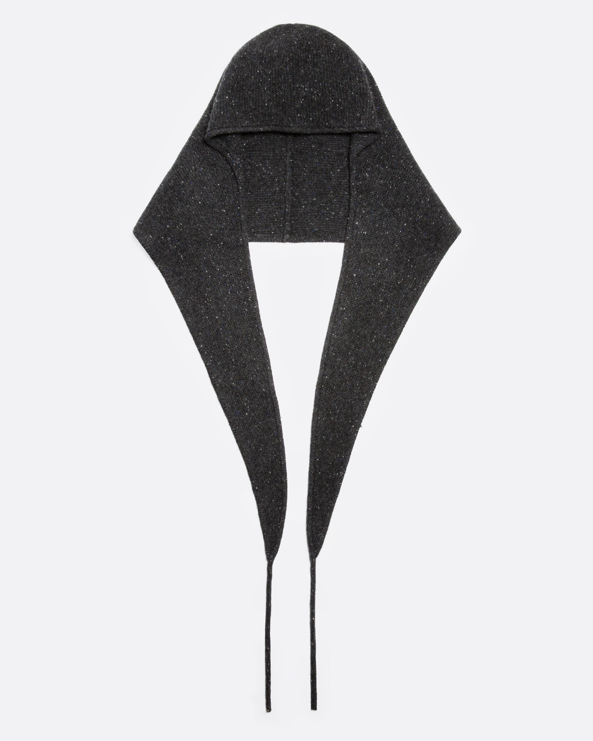 A donegal flecked charcoal hooded scarf with elongated sides, shown open from the front.