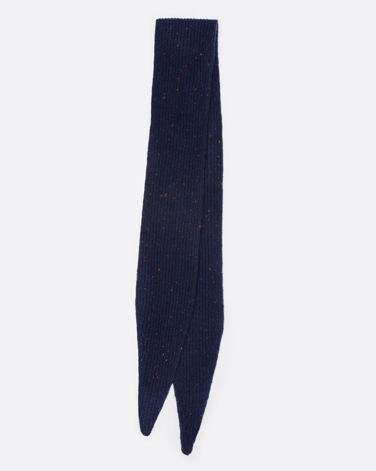 A navy blue ribbed knit scarf with tiny multicolor flecks, shown folded in half.