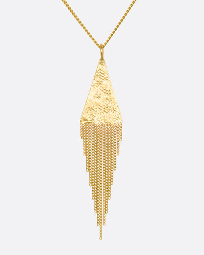 A yellow gold necklace with a fringed triangle pendant. View up close from the front.
