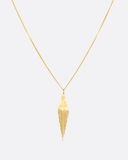 A yellow gold necklace with a fringed triangle pendant. View from the front.