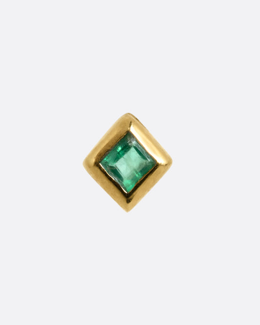 A yellow gold stud earring with a princess cut emerald, shown from the front.