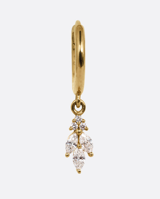 A yellow gold hoop with a marquise diamond flower dangle at the base, shown from the front.