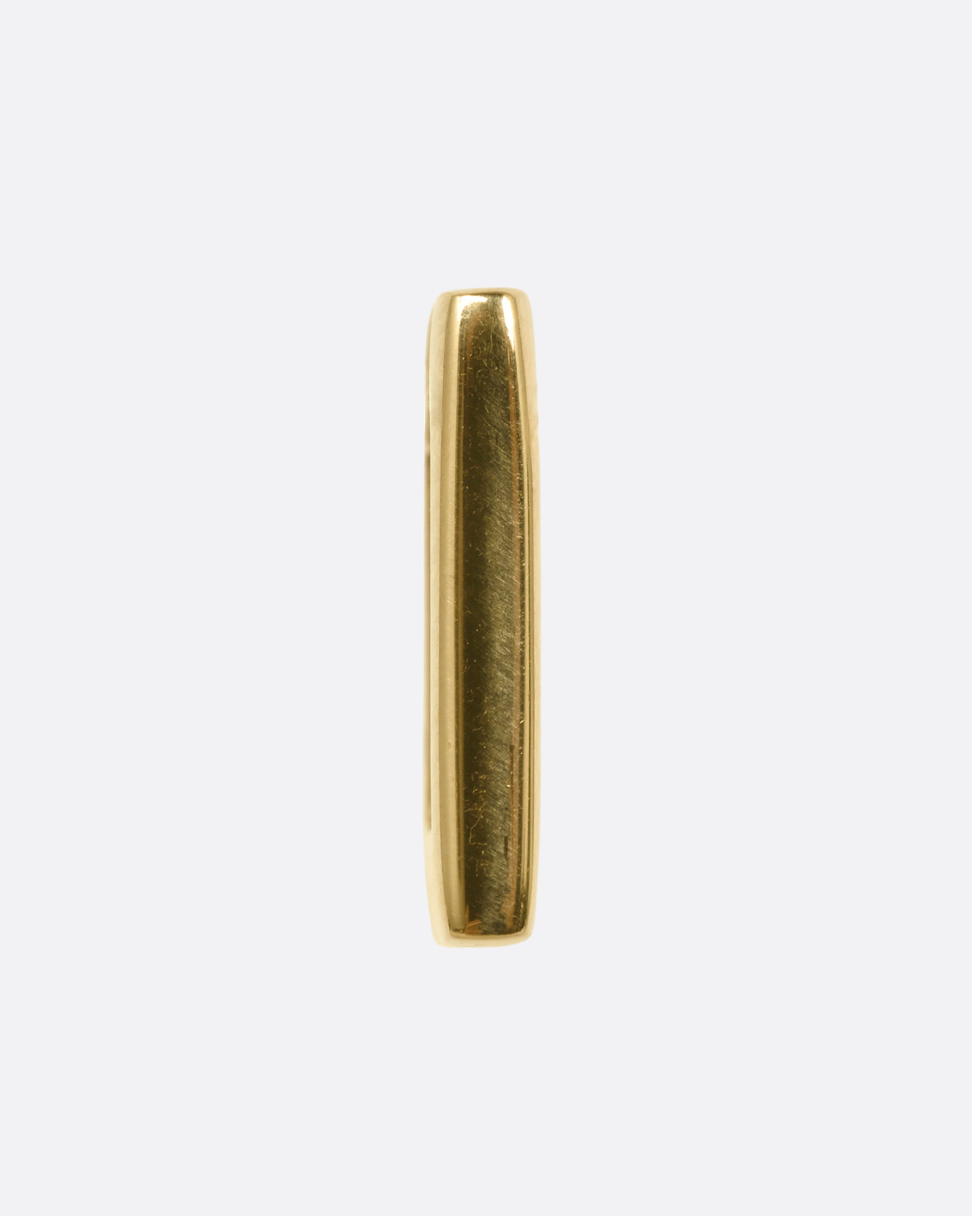 A square yellow gold hoop earring with a hinge clicker clasp. Shown from the front.