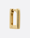 A square yellow gold hoop earring with a hinge clicker clasp. Shown from the side.