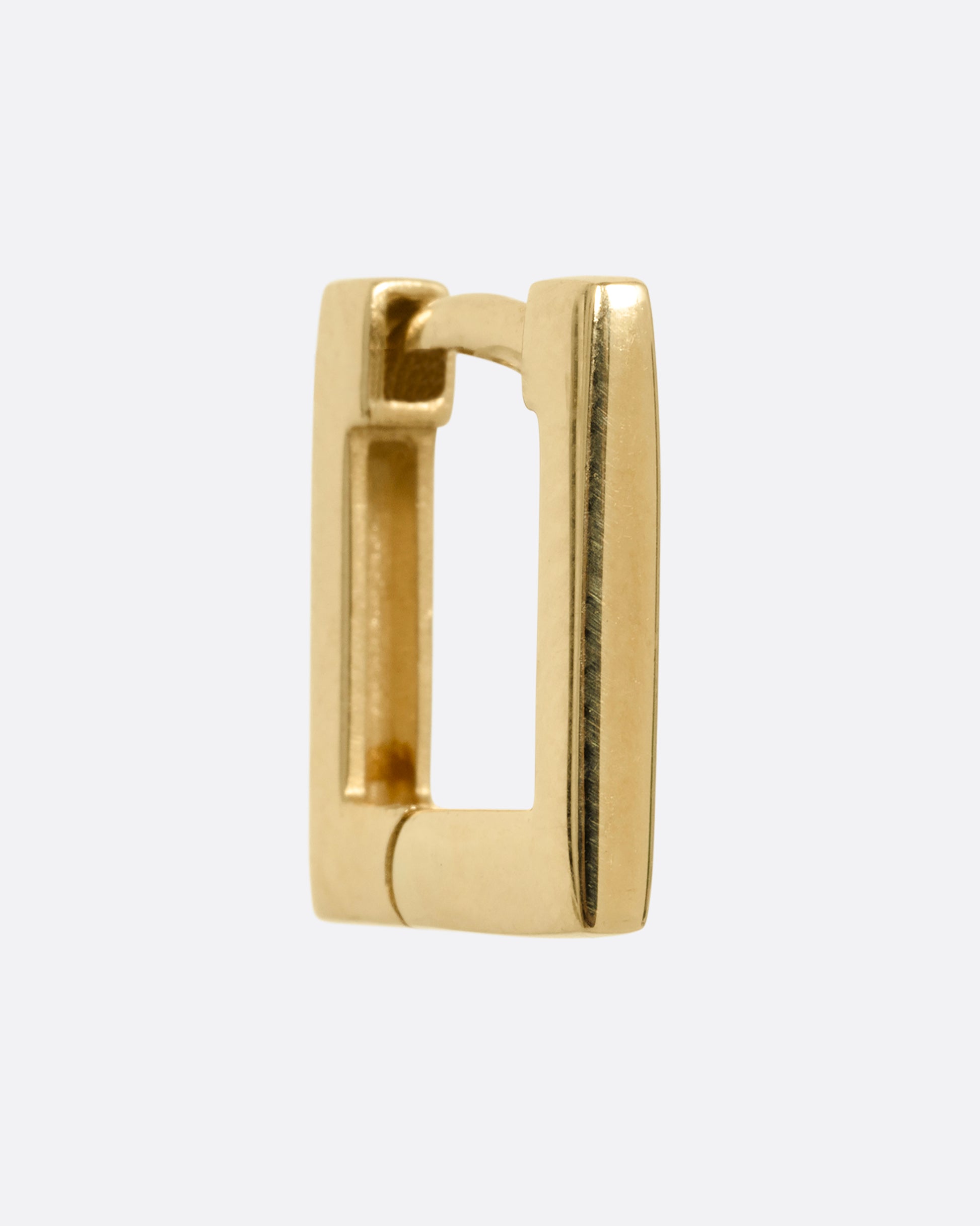 A square yellow gold hoop earring with a hinge clicker clasp. Shown from the side.