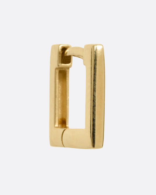 A square yellow gold hoop earring with a hinge clicker clasp. Shown from the side.
