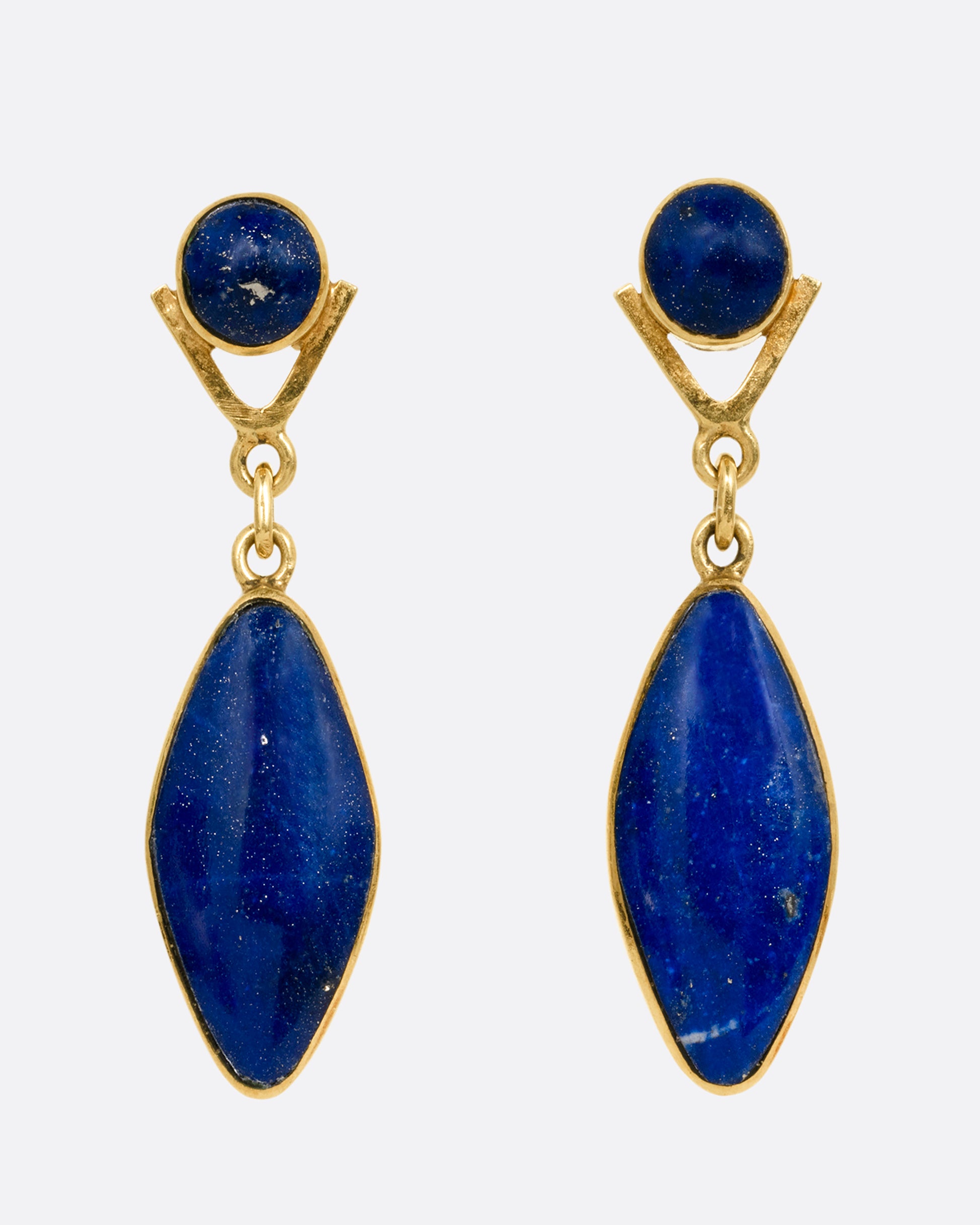 A pair of yellow gold lapis drop earrings with round lapis stud tops. Shown from the front.