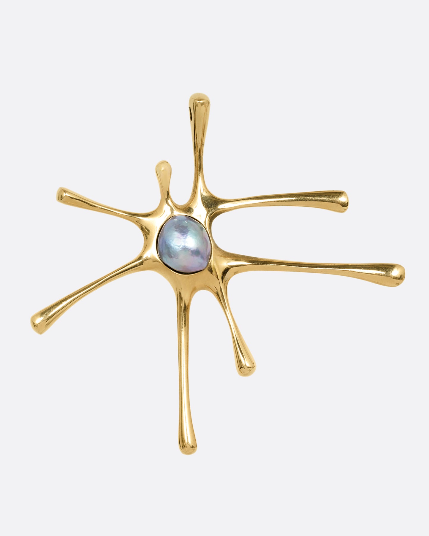 A yellow gold amoeba shaped pendant with a central pearl, shown from the front.