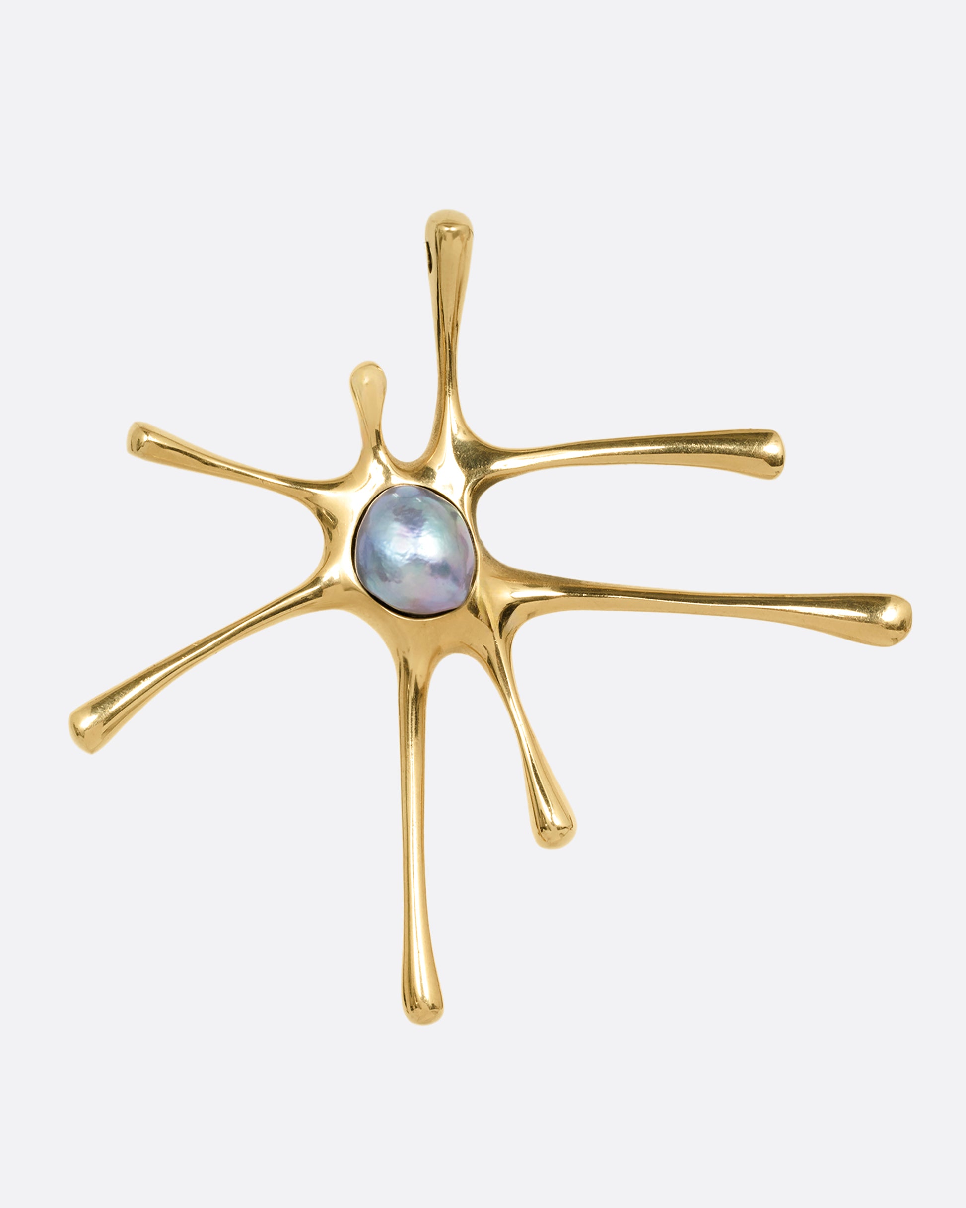 A yellow gold amoeba shaped pendant with a central pearl, shown from the front.