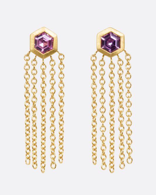 Sapphire Hex Stud Fringe Earrings