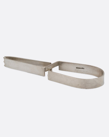 Vintage silver ice tongs, side view showing the hallmark