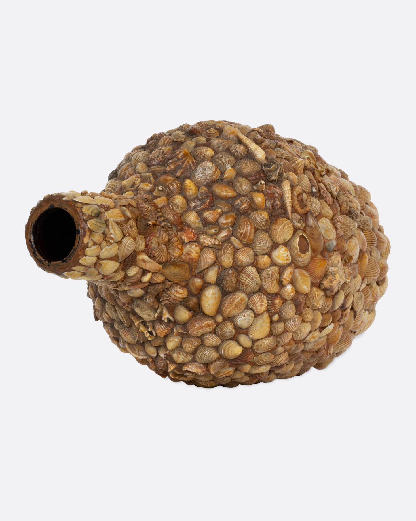 A bottle covered in shells to create a mosaic, shown lying on its side from the top.