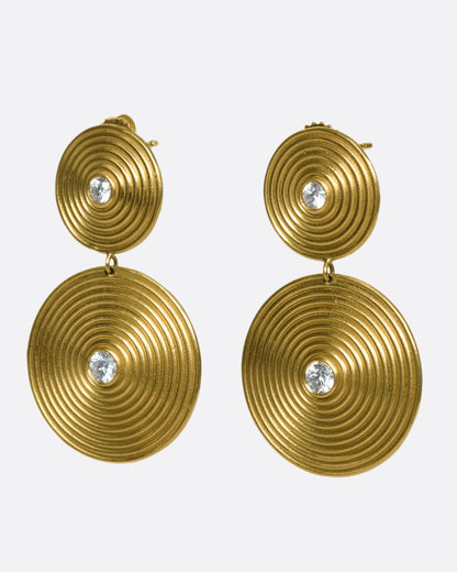 Yellow gold diamond disc drop earrings, front view of the pair showing the circular grooves