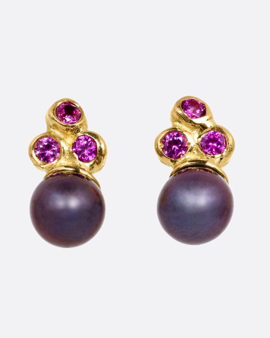 Black Pearl and Ruby Constellation Stud Earrings