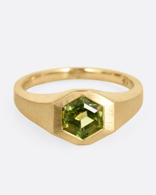 Hexagonal Green Tourmaline Signet Ring