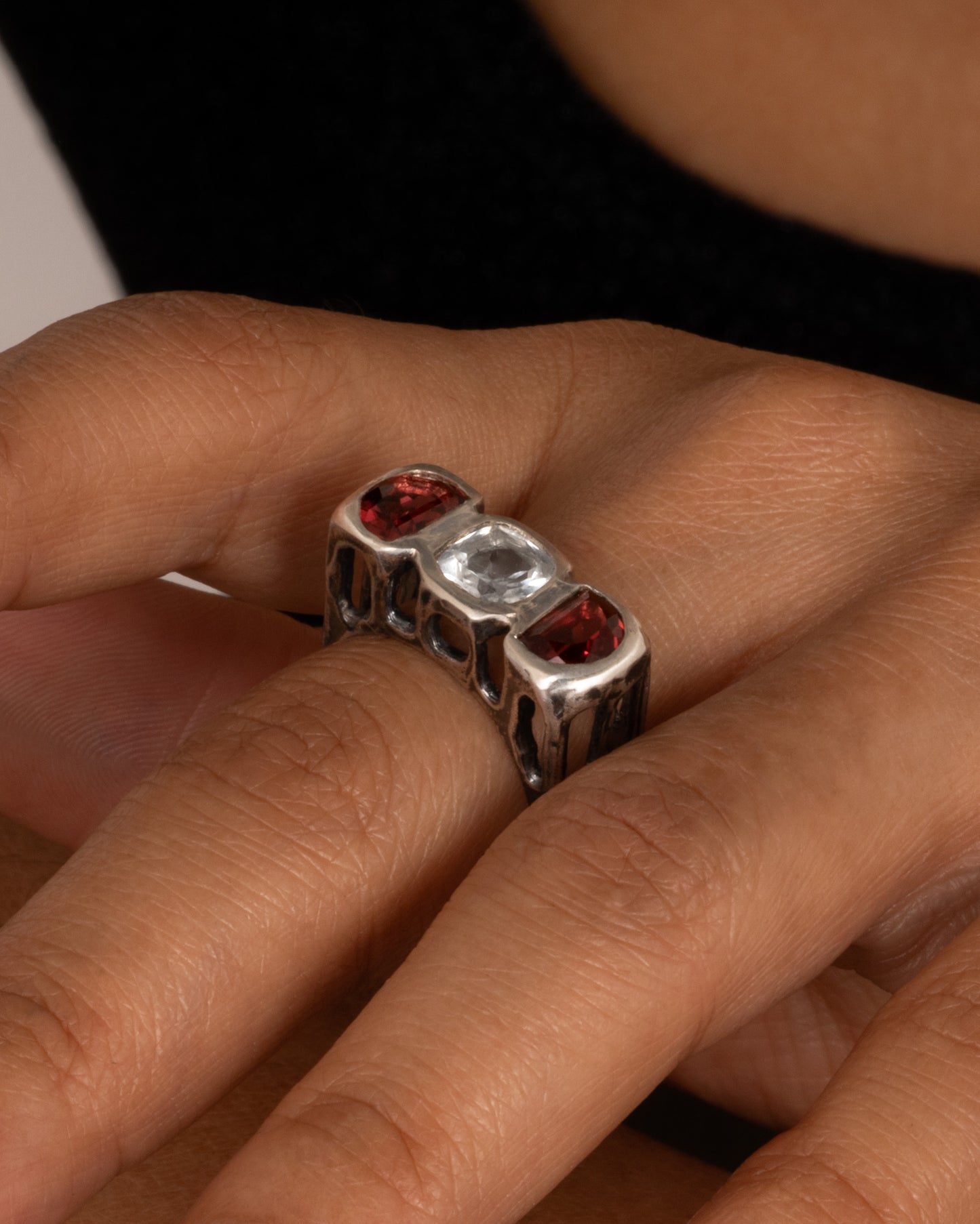Topaz and Garnet Square Cage Ring
