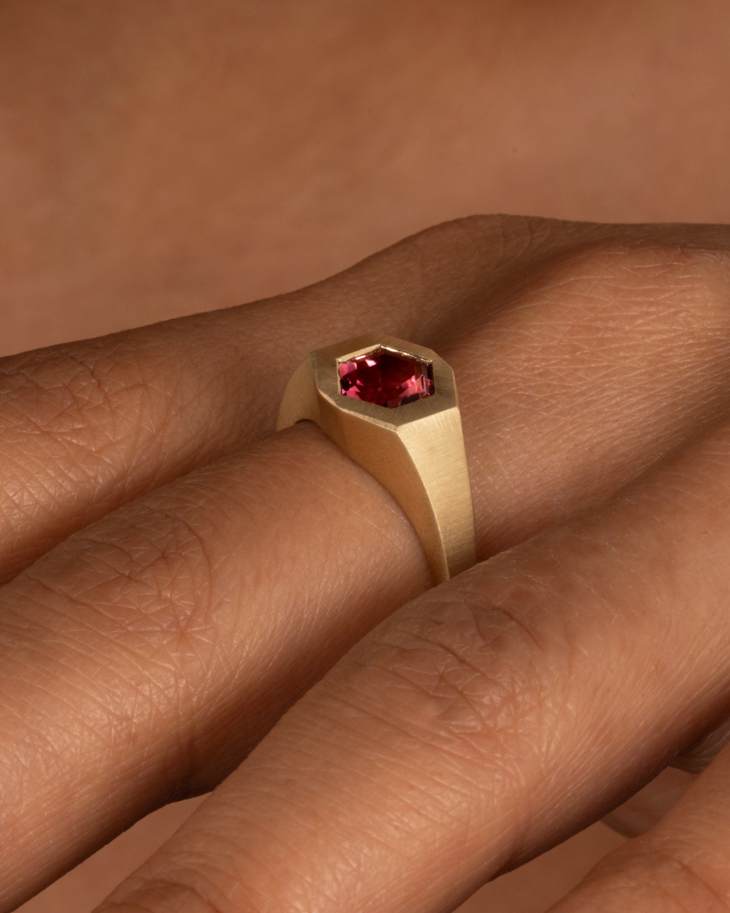 Hexagonal Pink Tourmaline Signet Ring