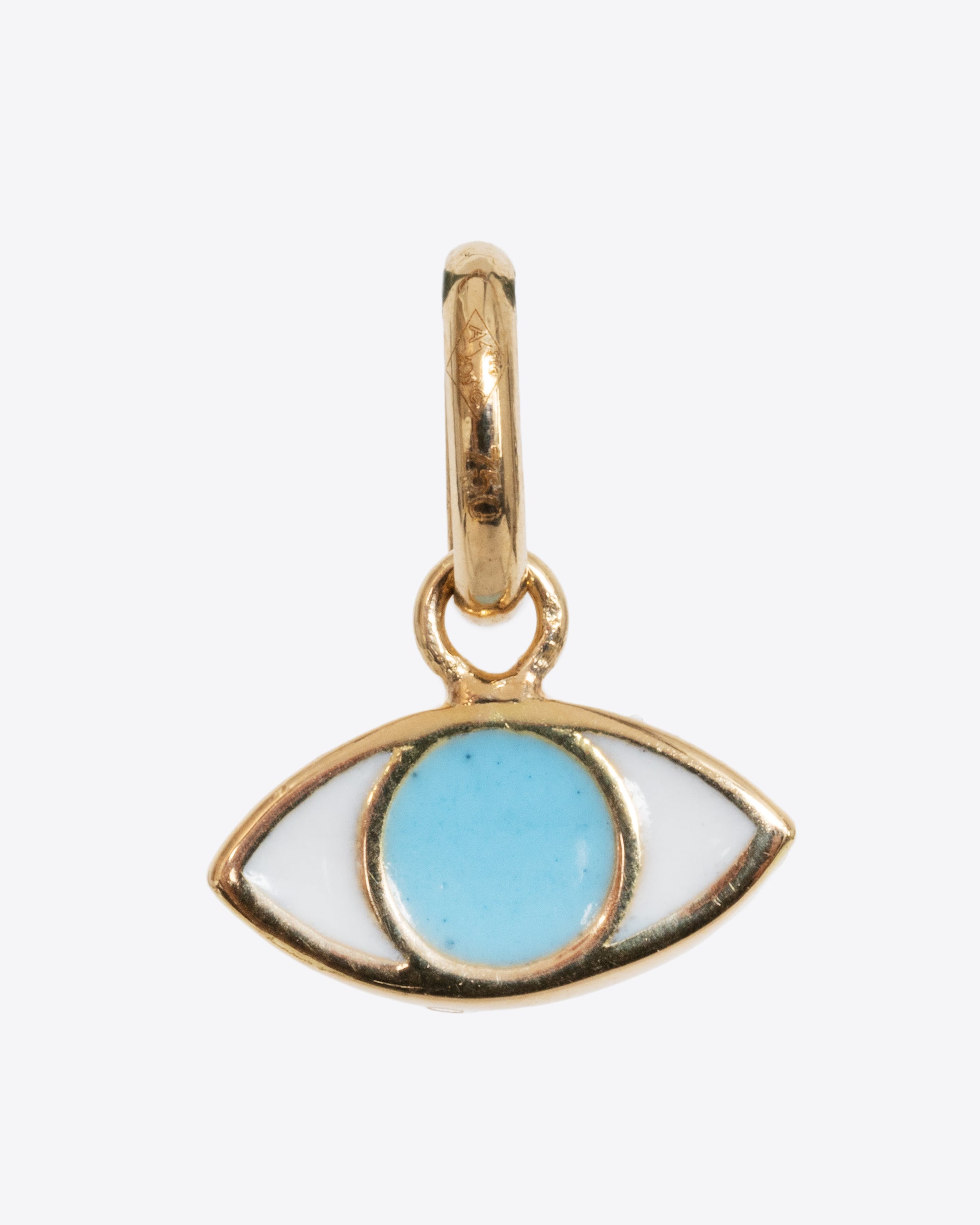 A yellow gold eye charm with turquoise blue and white. Shown from the front.