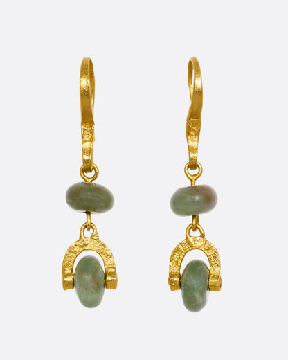 Lou Zeldis earrings in 22k yellow gold, green jade beads hanging from a textured gold stirrup on hook wires