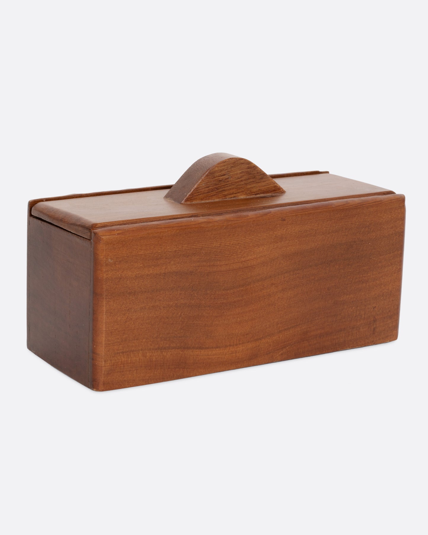 A rectangular handled wooden box, shown at an angle from the front.