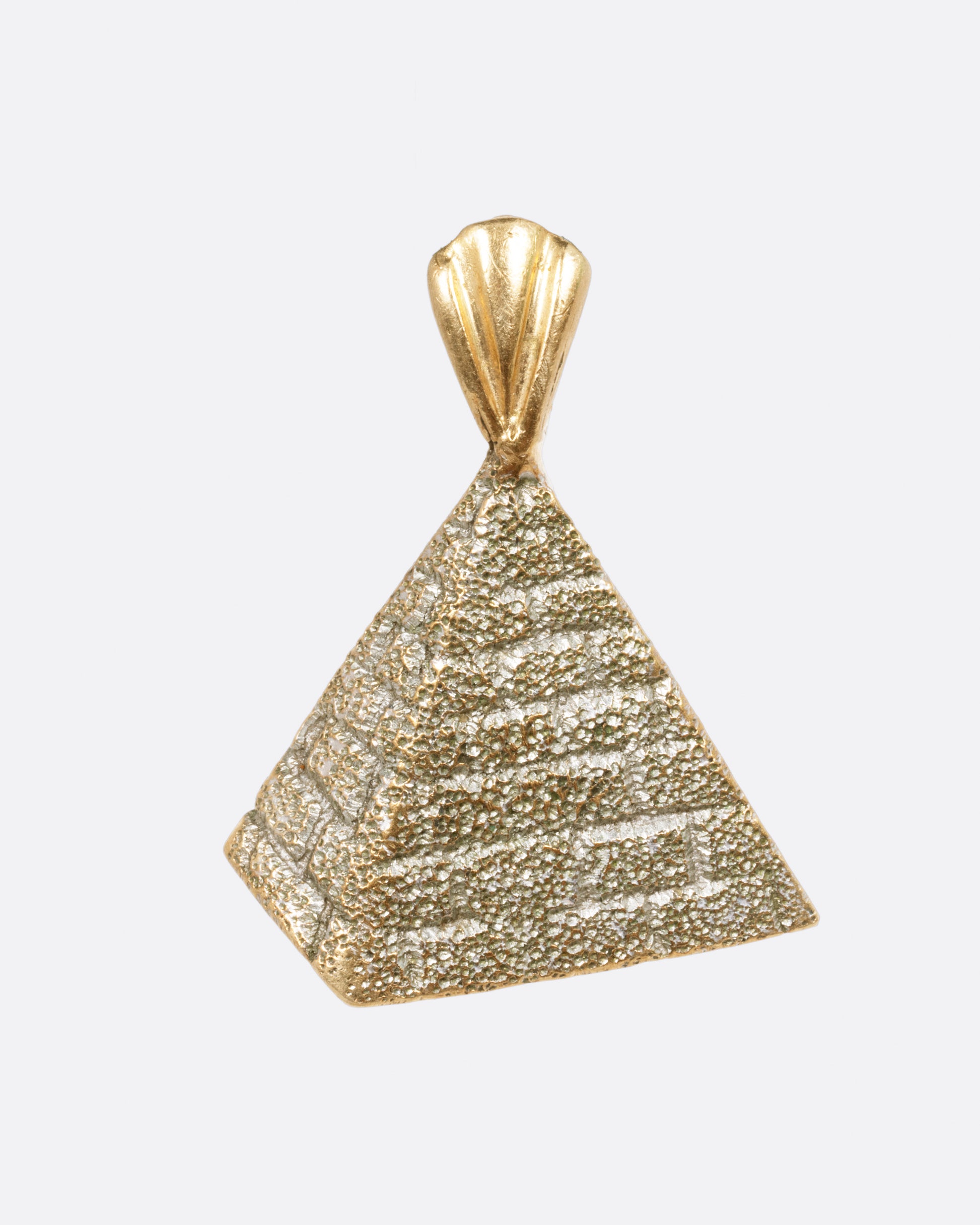 A yellow gold pyramid pendant shown from the front.