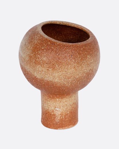 A terracotta planter with a narrow base and spherical top. Shown from the side.