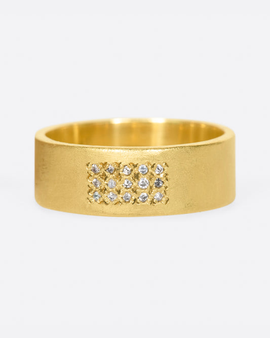 A yellow gold band with 15 grey diamonds in three rows of five at the center. Shown from the front.