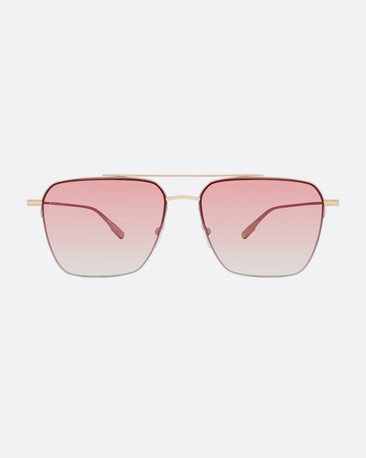 A pair of navigator sunglasses with pink gradient lenses. Shown from the front.