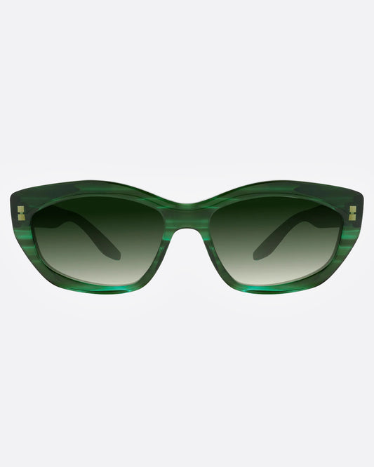 A pair of green sunglasses with green gradient lenses shown from the front.