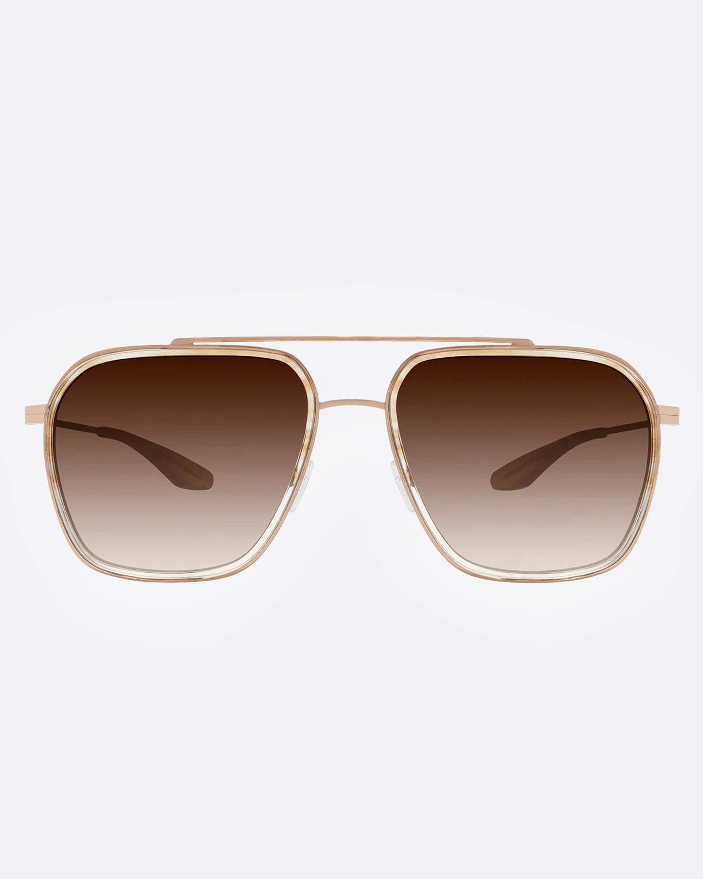 A pair of gold-framed aviator sunglasses with brown gradient lenses, shown from the front.