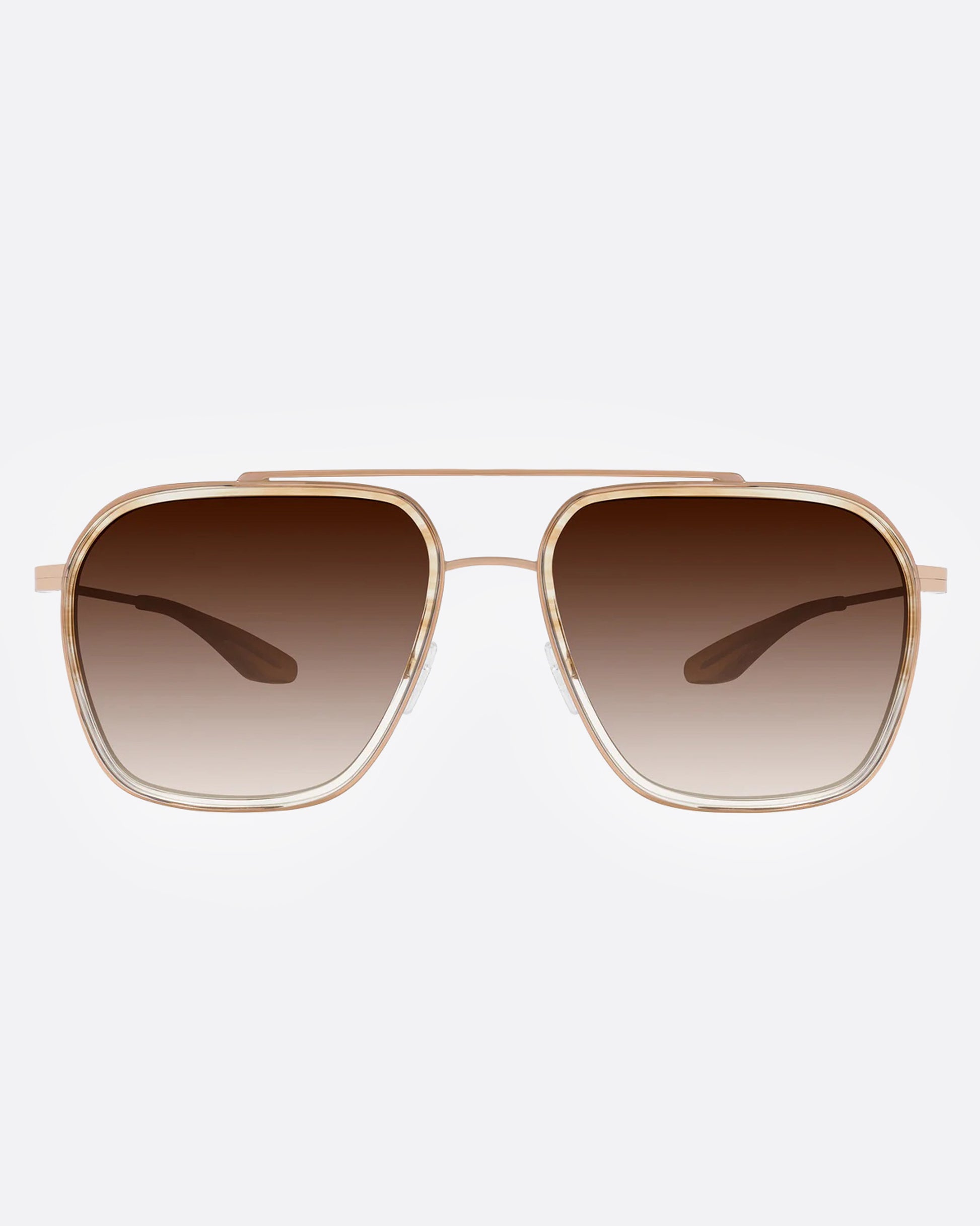A pair of gold-framed aviator sunglasses with brown gradient lenses, shown from the front.