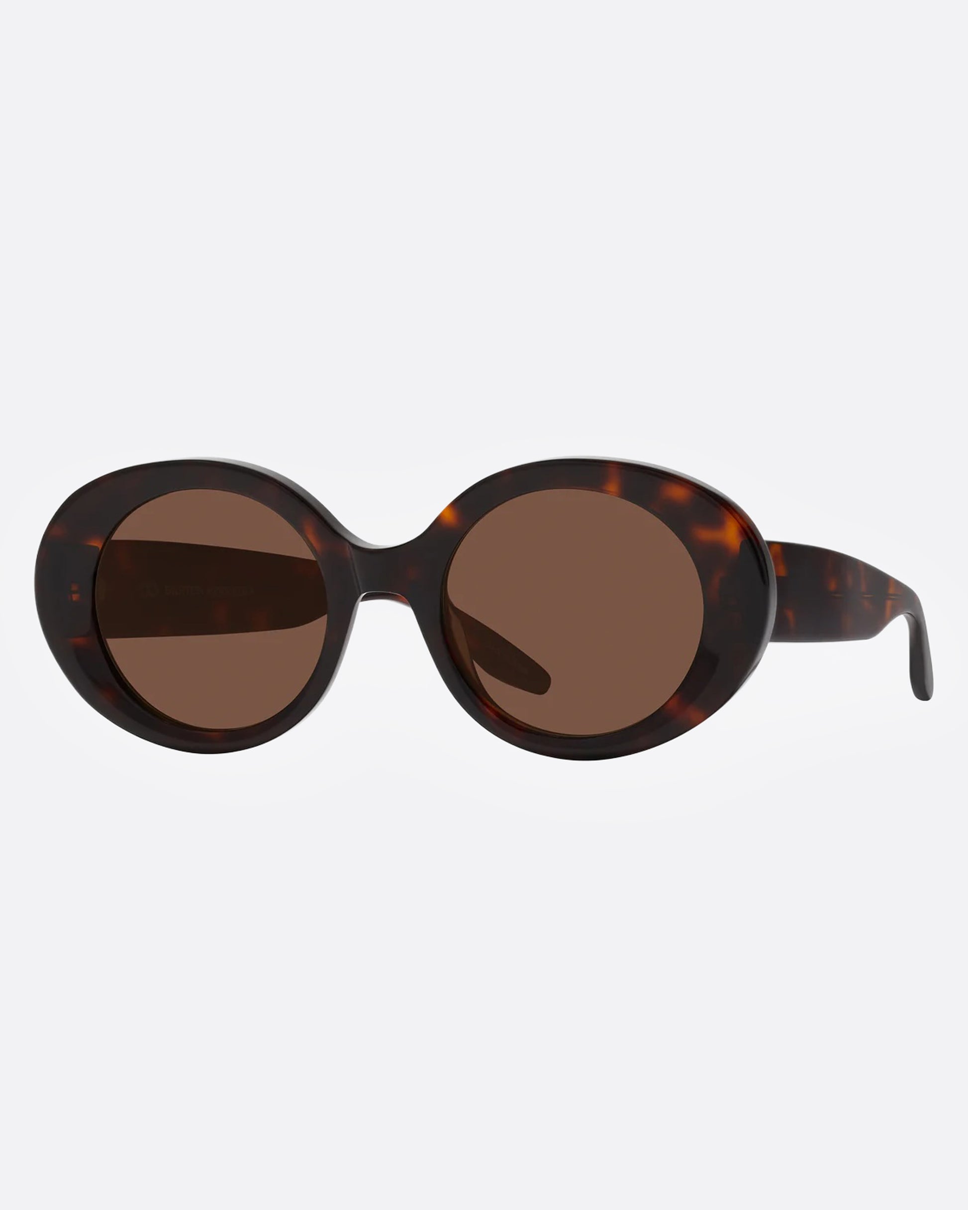 A pair of cat-eye sunglasses with tortoiseshell frame and brown lenses, shown from the side.