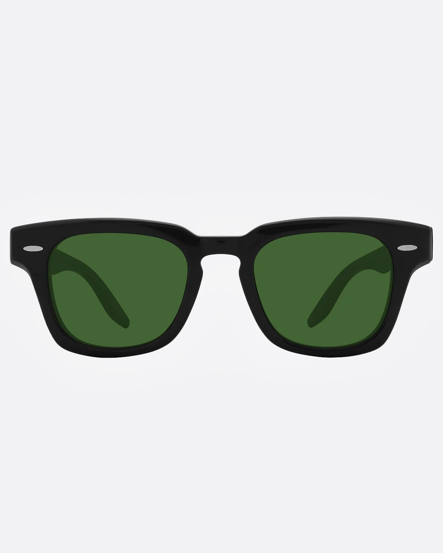 A pair of black sunglasses with green lenses, shown from the front.