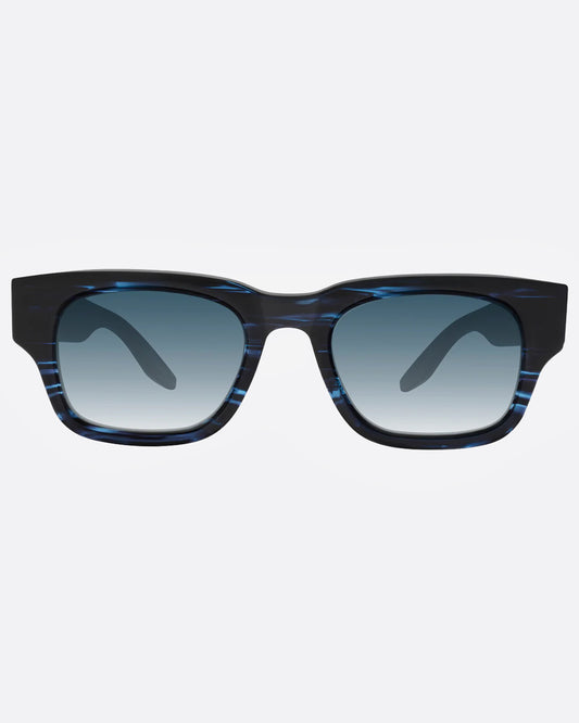 Black pearlescent sunglasses with blue gradient lenses shown from the front.