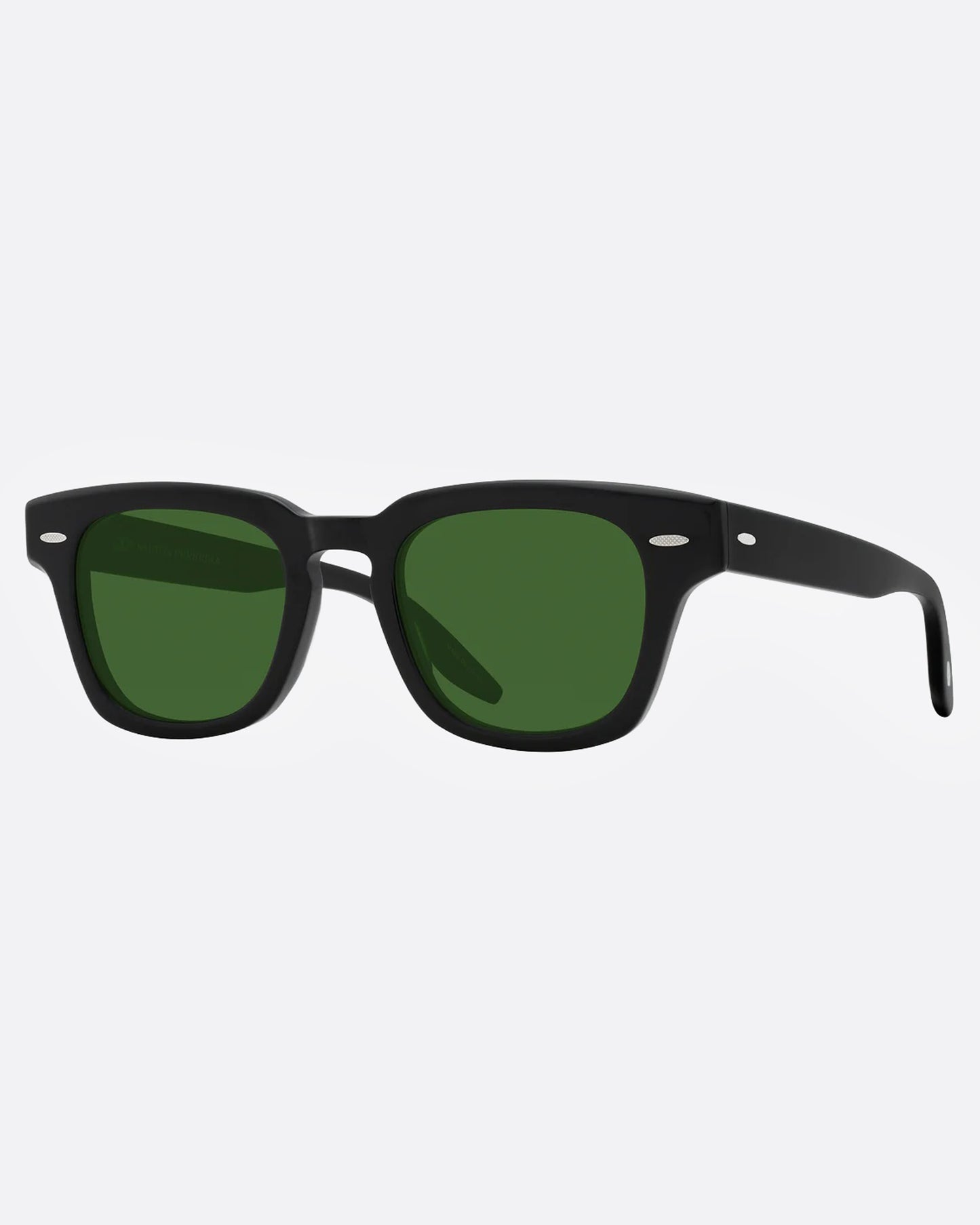 A pair of black sunglasses with green lenses, shown from the side.