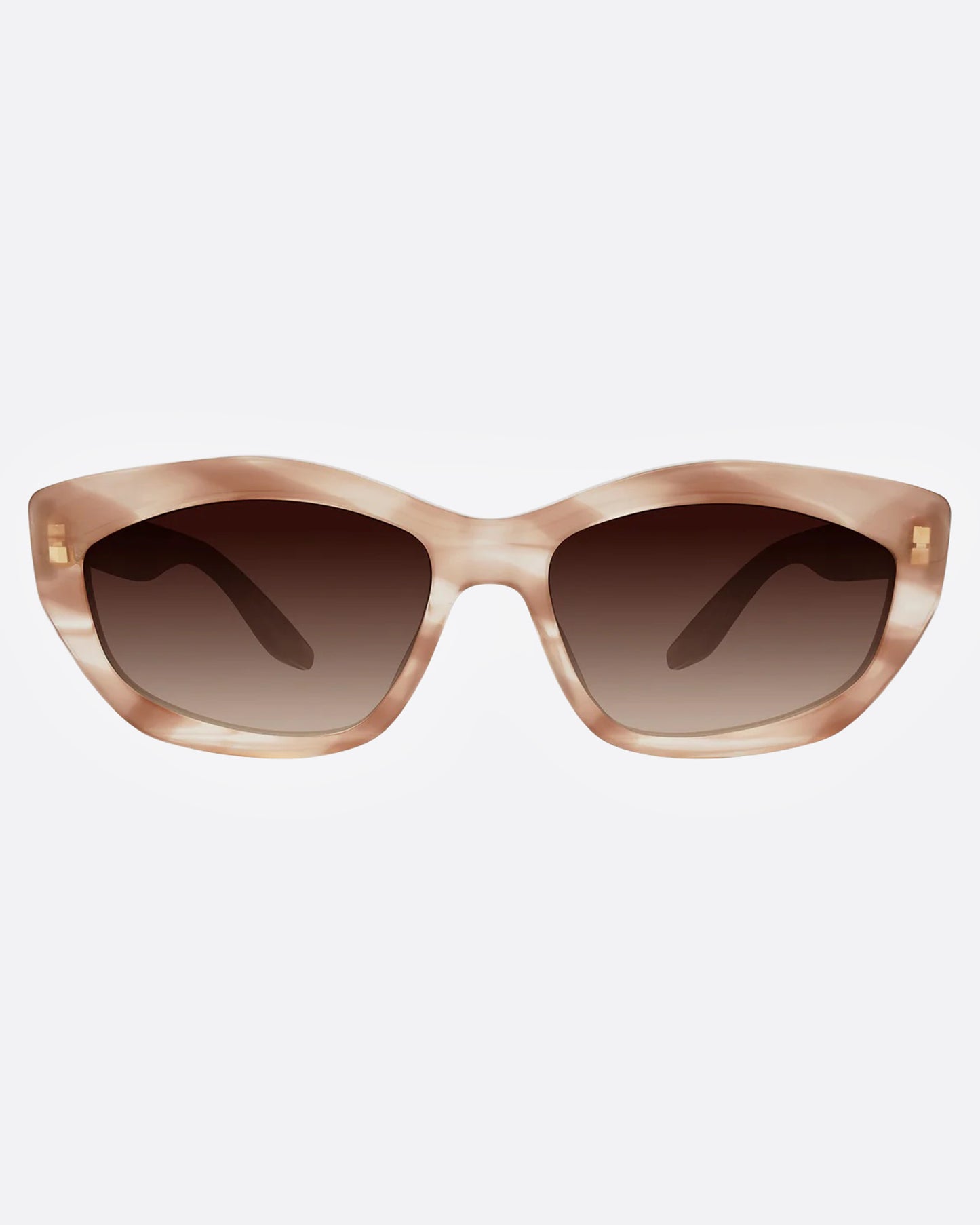 A pair of sunglasses with a cat-eye silhouette and dusty rose marbled frames and brown gradient lenses, shown from the front.