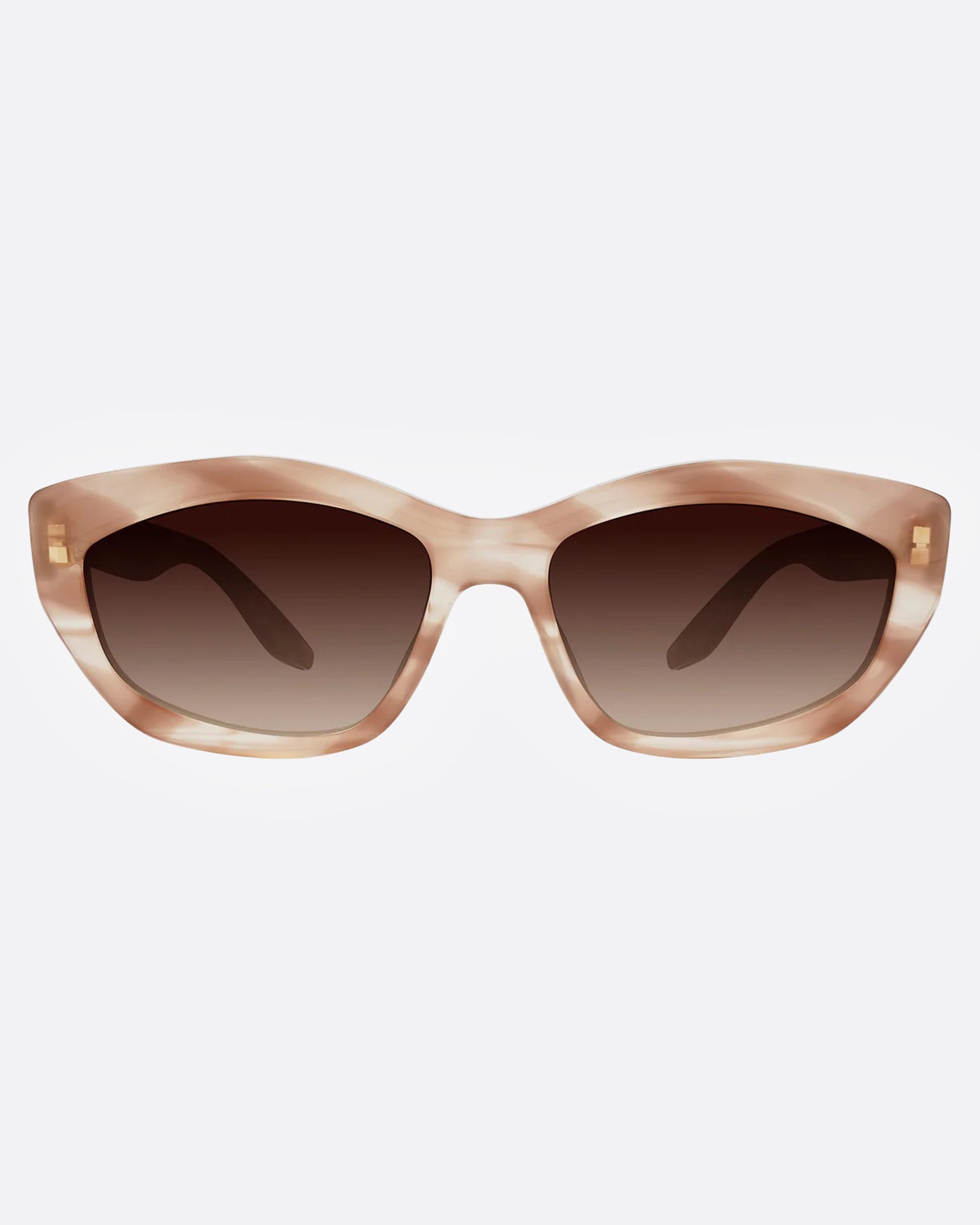 A pair of sunglasses with a cat-eye silhouette and dusty rose marbled frames and brown gradient lenses, shown from the front.