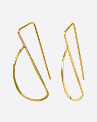 Gold wire geometric hook earrings, the pair from the front