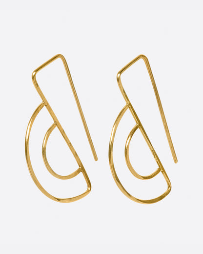Gold wire half circle hook earrings, the pair from the front