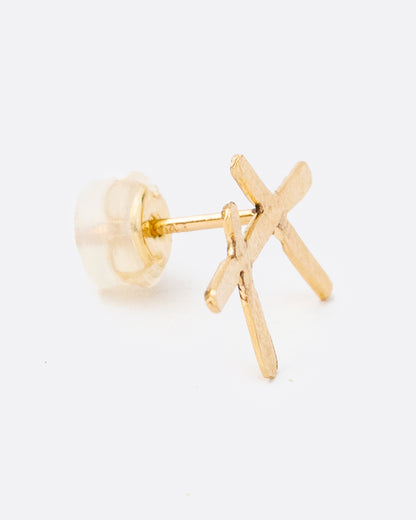 Gold crossed bar stud earrings, side view showing the post and back